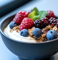 Fresh berries and granola bowl with yogurt, blueberries, raspberries, blackberries and mint leaves on light background, healthy breakfast concept.