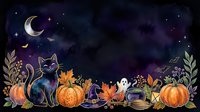 Spooky Halloween night scene with black cat, glowing pumpkins, ghost, witch hat, autumn leaves and crescent moon on dark starry background.