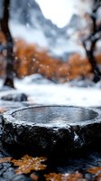 Frozen stone surface with water drops in winter forest, snowy mountain peaks and orange autumn leaves in blurred background, moody nature scene.