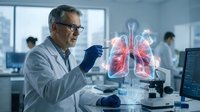 Senior Caucasian male doctor in lab coat and glasses examining holographic lung anatomy model in modern medical research laboratory with advanced technology.