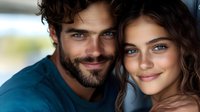 Young attractive couple embracing and smiling warmly at camera showing love and happiness in bright natural light setting for romantic lifestyle content.