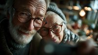Happy senior couple taking selfie together with warm bokeh lights in cozy home setting during evening time creating memories and sharing joyful moment.