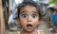 Young South Asian girl with curly hair and expressive wide eyes shows genuine surprise and wonder, mouth open in amazement, wearing beige dress. Natural childhood emotion captured.