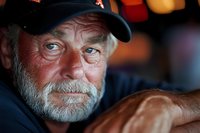 Close-up portrait of senior Caucasian man with white beard wearing black baseball cap, intense gaze and weathered features against blurred warm background.