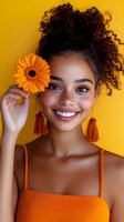 Young mixed-race woman with curly hair holding orange gerbera flower against bright yellow background, wearing matching orange top and earrings with joyful smile.