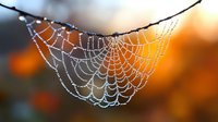 Spider web with morning dew drops hanging between branches against warm blurred autumn background. Natural macro photography capturing delicate silk threads.