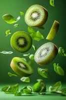 Fresh kiwi fruit slices floating in air with green leaves on vibrant background, dynamic food composition showing juicy texture and natural pattern.