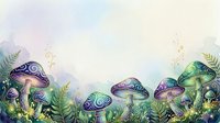 Whimsical fantasy mushrooms with ornate patterns in purple and green tones surrounded by ferns and foliage on soft watercolor background, isolated design element for creative projects.