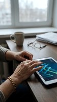 Mature adult hands with bracelet using tablet displaying financial chart at desk with coffee cup, glasses and notebook by window for business analysis and remote work.
