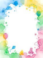 Watercolor frame with balloons, clouds, stars and toys on white background for children party invitations, baby shower cards and birthday celebrations.