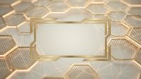Futuristic golden hexagonal frame with glowing edges on abstract honeycomb pattern background for technology presentations and digital design projects.