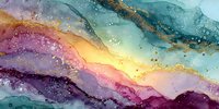 Abstract watercolor waves in rainbow gradient with gold glitter accents flowing across canvas. Modern fluid art background for luxury branding and creative projects.
