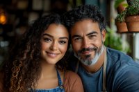 Mixed race father and daughter smiling together at home, close up portrait showing genuine happiness and family bonding in casual relaxed setting.