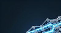 Glowing neon blue glass structure with crystalline geometric forms against dark background, suitable for tech, innovation, and futuristic design projects.