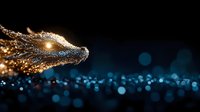 Magical glowing dragon head with golden sparkles and bokeh effect against dark blue background, fantasy creature close-up with shimmering details.
