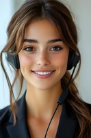 Young Mediterranean female customer service representative wearing headset and black blazer smiles warmly at camera, showcasing professional workplace portrait.