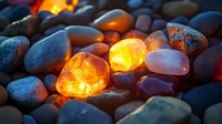 Glowing orange and pink salt lamp crystals scattered among dark smooth river rocks, illuminated from within creating warm ambient lighting effects.