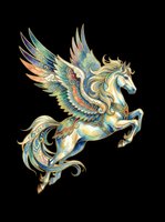 Ornate flying Pegasus with colorful wings and gold details, isolated on transparent background, ready for stickers, sublimation, t-shirt design, and print on demand.