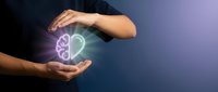 Male hands cradling glowing neon brain and heart icons, symbolizing mental health, emotional wellness, and balanced wellbeing. Suitable for healthcare, psychology, and wellness content.