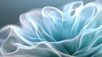 Ethereal abstract floral macro in soft turquoise and white tones showing delicate curved petals with gentle luminous glow and dreamy atmospheric effects.