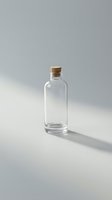 Empty glass bottle with cork stopper on white background, isolated and ready for product mockups, cosmetics, essential oils, perfume, or beverage packaging design.