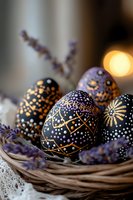 Decorated black Easter eggs with golden and white dot patterns in wicker basket with dried lavender sprigs. Soft bokeh background creates magical holiday atmosphere.
