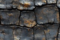 Cracked dark stone surface with golden highlights showing natural weathering pattern and deep fissures creates dramatic abstract texture background.