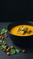 Creamy pumpkin soup with golden croutons and roasted chickpeas in black bowl on dark slate background with fresh parsley garnish for autumn dining.