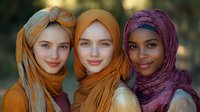 Three diverse young women wearing hijabs in orange and burgundy colors smile warmly at camera, representing friendship, unity and cultural diversity in modern society.