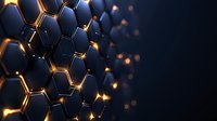 Glowing hexagonal structure with golden light effects on dark background, abstract technological honeycomb pattern with illuminated edges and bokeh particles.