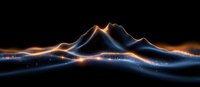 Glowing mountain silhouette with neon orange and blue light trails creating futuristic landscape against dark background, digital art for technology concepts.
