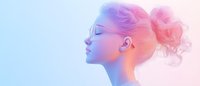 Profile of young woman with pink hair in dreamy neon lighting, eyes closed in serene expression against gradient blue and pink background.