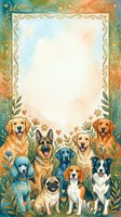 Watercolor dog breeds frame border with blank space for text, featuring golden retriever, german shepherd, labrador, poodle, pug, beagle, border collie pets.