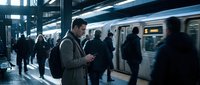 Young professional businessman using smartphone while waiting for subway train during morning rush hour commute in modern urban transit station.