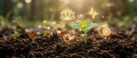 Young seedling growing in rich soil with glowing wellness and growth icons floating above, representing sustainable development, eco-friendly business and natural health concepts.