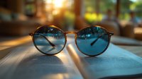 Round blue-tinted sunglasses resting on open book pages with golden sunlight streaming through window, creating atmospheric bokeh effect and warm summer mood.