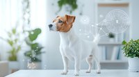 Jack Russell terrier standing alert with digital zodiac and astrological symbols overlay in bright modern interior with houseplants, pet horoscope concept.