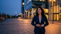 Professional businesswoman in dark suit standing confidently outside modern office building during evening hours with warm lighting and urban architecture.
