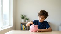 Young Caucasian boy putting coin into pink piggy bank at home table, learning financial literacy and money saving habits for children education.