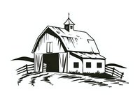 Rustic barn with steeple and wooden fence on rolling hillside rendered in black and white sketch style, isolated on white background for design projects.