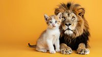 Contrasting portrait of majestic lion and small white-orange kitten sitting together against vibrant yellow background, showing unexpected animal friendship concept.