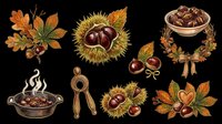 Chestnut collection with spiky husks, autumn leaves, and nuts isolated on transparent background. Ready for t-shirt designs, clipart, stickers, print-on-demand products, and sublimation projects.