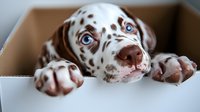Adorable Dalmatian puppy with striking blue eyes peeks out from cardboard box, paws resting on edge, showcasing spotted coat pattern and sweet expression.