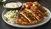 Grilled seasoned chicken breast served with fresh tomato salad, white rice garnished with herbs and creamy sauce on white plate, close up view of healthy meal.