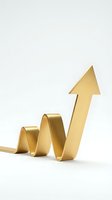 Golden upward arrow formed from curved ribbon on white background, symbolizing growth, success, and positive financial trends for business and investment concepts.