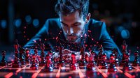 Young businessman in suit contemplating chess strategy with glowing red network connections over chess pieces in dramatic lighting and bokeh background.