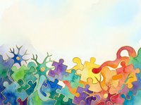 Colorful puzzle pieces flowing together in vibrant watercolor style, representing teamwork, connection, and problem-solving for educational and business design projects.