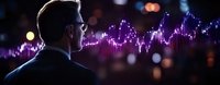 Businessman silhouette against glowing purple financial chart background with bokeh lights, representing market analysis and trading success in dark setting.