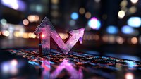 Glowing digital arrows pointing upward with purple and blue neon lighting effects on circuit board background with bokeh lights, representing business growth and technology advancement.