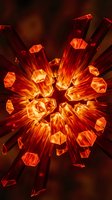 Radiant red and golden crystal gems burst outward with glowing light rays against dark background, creating dynamic energy effect for design projects.
